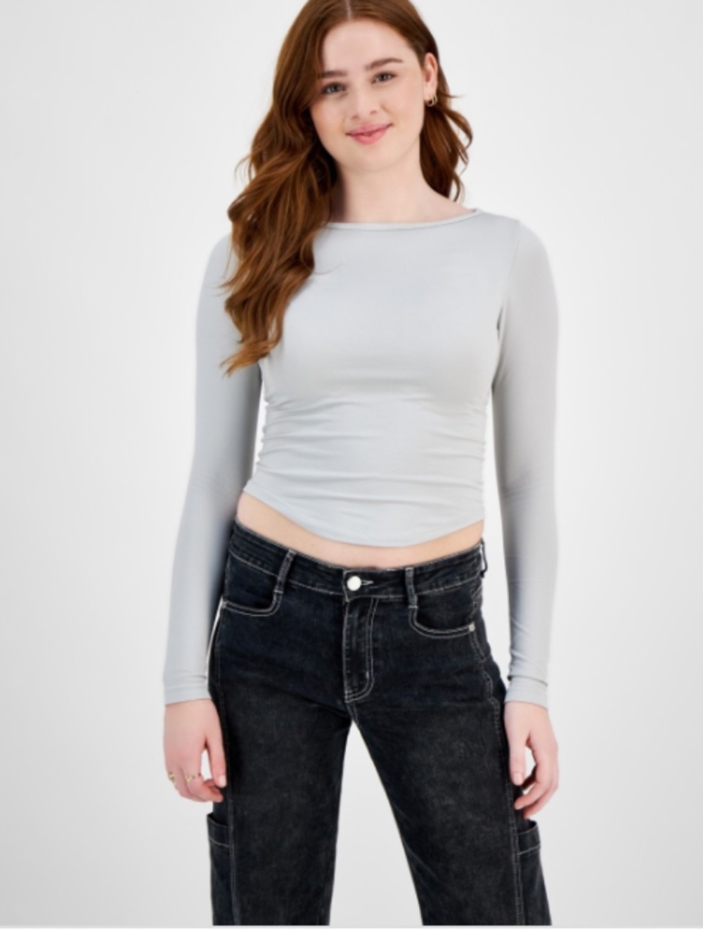 Planet Heart Juniors' Seamless Boat-Neck Long Sleeve Tee - Quiet Gray SIZE S NWT